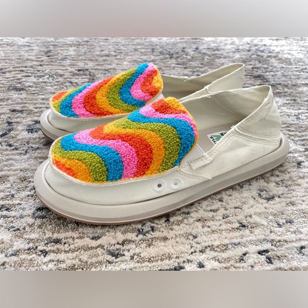 Sanuk Donna Rainbow Hemp Loafers Womens 8 White Colorful Slip On Sidewalk Surfer - Picture 3 of 11